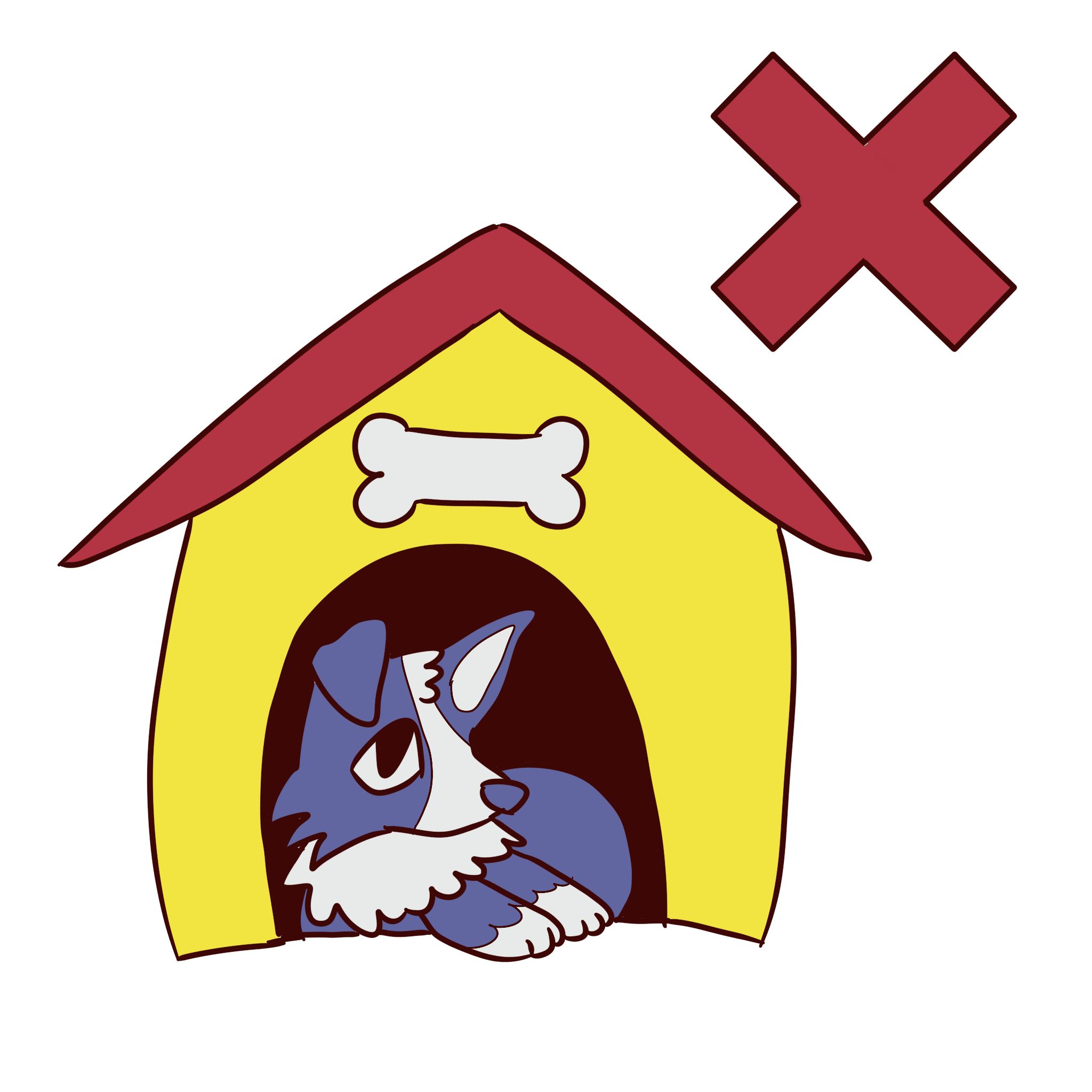 a blue dog in a yellow and red doghouse with a red x next to it.